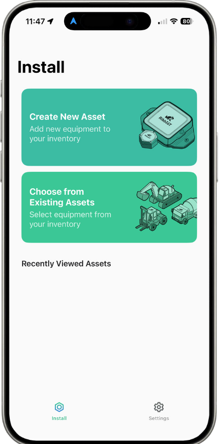 iOS Hardware mode Install tab with Create New Asset and Choose from Existing Assets options
