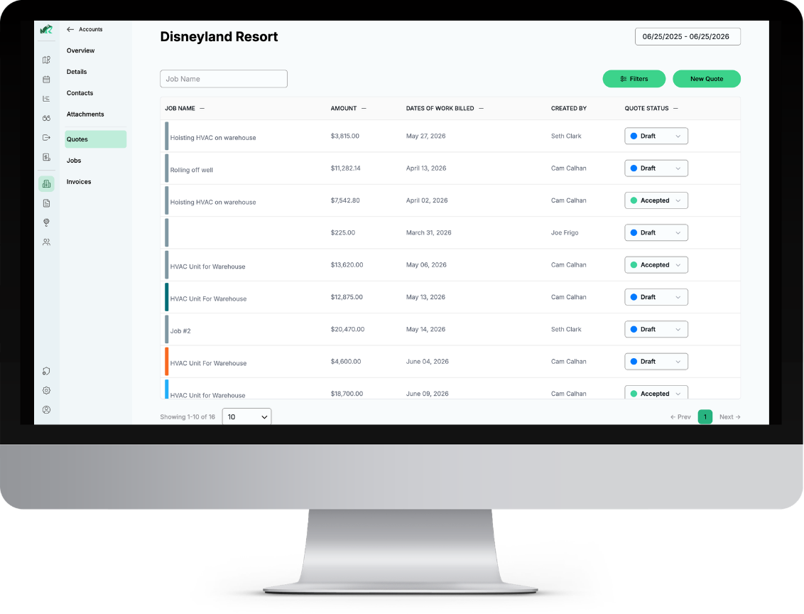 Customer account page showing the Quotes tab with job names, amounts, dates, and quote status