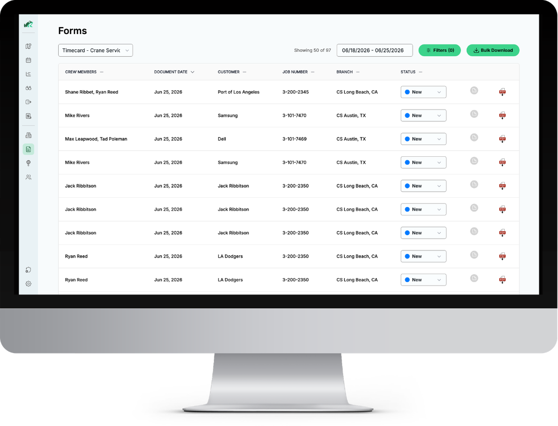 Form submissions list showing crew members, dates, customers, job numbers, and status with filtering and bulk download