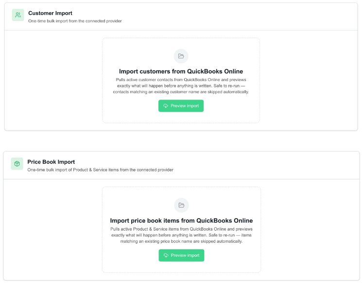 Customer Import and Price Book Import sections, each with a Preview import action for pulling records from QuickBooks Online